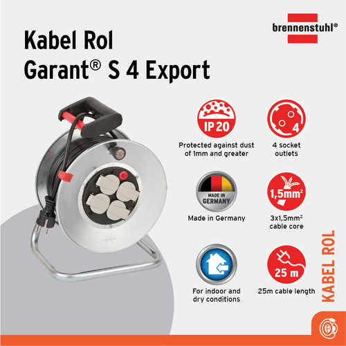 [EZM.2401209] Kabel Rol 4 Lubang Brennenstuhl Cable Reel Garant S 4 Export 25m / Colokan Listrik 4 Socket dengan Kabel Gulung 25 Meter - 1195056