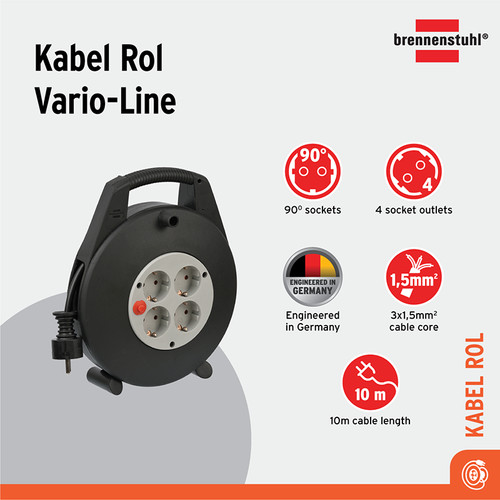 [EZM.2401223] Kabel Box Terminal Listrik 4 Lubang Kabel Roll Brennenstuhl 4 Socket Hitam-Abu 10m / Colokan Listrik dengan Kabel Gulung 10 Meter - 9123020002