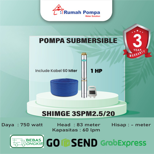 [EZM.1160565] Pompa Submersible 3 Inc SHIMGE 3SPM2.5/20 + Kabel 60 Meter