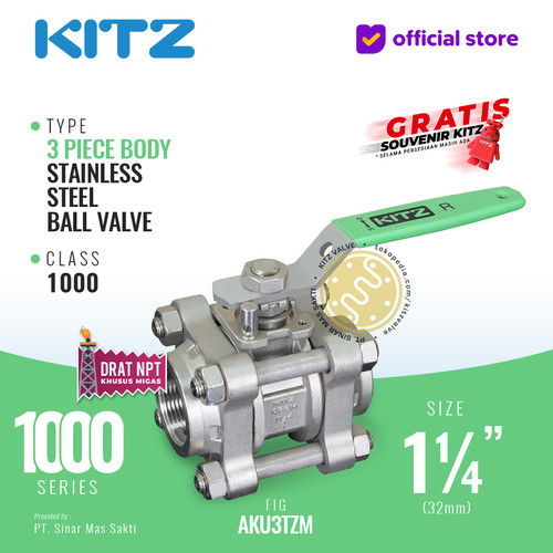 [EZR.2200031] KITZ 3-Piece SUS Ball Valve Fig. 1000 AKU3TZM , 1 1/4" - 32mm , Drat Kasar NPT