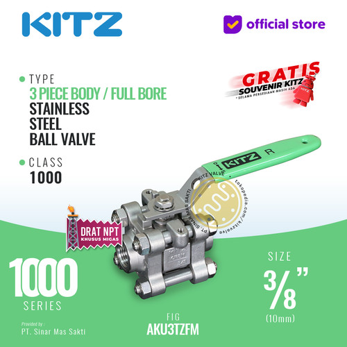 [EZR.2200314] KITZ 3-Piece SUS Ball Valve Fig. 1000 AKU3TZFM , 3/8" - 10mm, Drat Kasar NPT