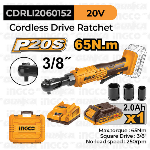 [EZM.8100088] P20S Cordless Drive Ratchet (3/8" 2B1C 65Nm) CDRLI2060152 Mesin Pembuka Gagang Buka Baut Soket Kunci Wrench Square Drive Baterai Ex Cdrli2060152