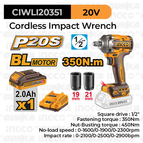 [EZM.8100090] P20S Brushless Impact Wrench (1/2" 1B1C 450Nm) CIWLI20351 Mesin Pembuka Buka Baut Soket Socket Kunci 0.5 Inch Baterai Torsi Besar Ex Ciwli2001