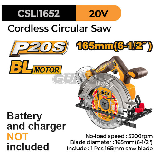 [EZM.8100105] P20S Cordless Circular Saw (165mm/6½") INGCO CSLI1652 Gergaji Kayu Serkel Sirkular Mata Bulat Lurus Miring Kayu Papan Triplek Multiplek