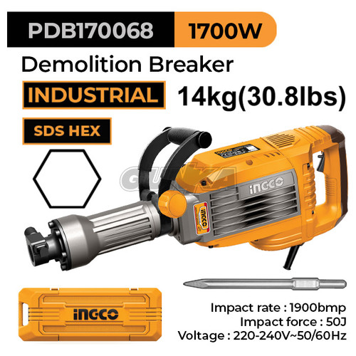 [EZM.8100122] Demolition Breaker (14 Kg 50J) INGCO PDB170068 Mesin Bobok Tembok 1700W Lantai Dinding Aspal Beton Cor Coran Jack Hammer SDS-Hex ex PDB17008