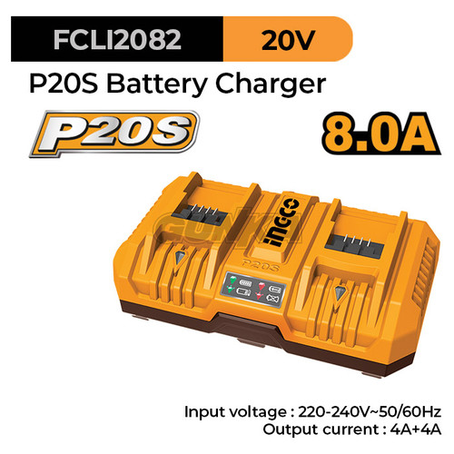 [EZM.8100123] P20S Dual Rapid Charger (4A+4A) INGCO FCLI2082 Cas Fast Charge 2-Slot Baterai Output Max 8A Li-Ion Cordless Tools ex FCLI2024