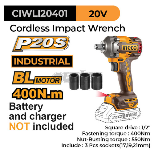 [EZM.8100125] P20S Brushless Impact Wrench (1/2") INGCO CIWLI20401 Mesin Pembuka Buka Baut Roda Cordless Baterai Kunci Socket Shock Sok 0.5 Inch ex CIWLI2001