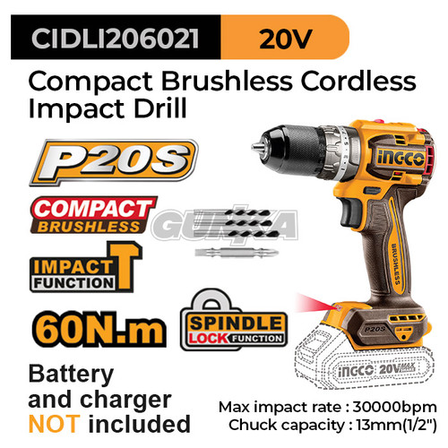 [EZM.8100126] P20S Brushless Impact Drill (13 mm) INGCO CIDLI206021 Bor Tembok Beton Cordless CIDLI20602-UOL Unit Only Tanpa Baterai Charger