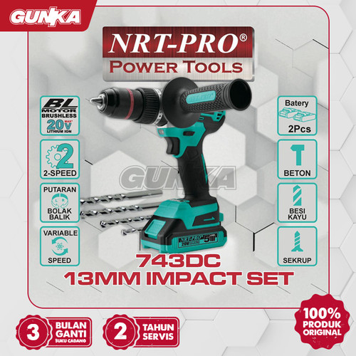 [EZM.8100165] Brushless Impact Drill 20V (13 mm 2B1C) NRT-Pro 743DC Mesin Bor Tembok Impak Beton Baterai Lithium Besi Kayu