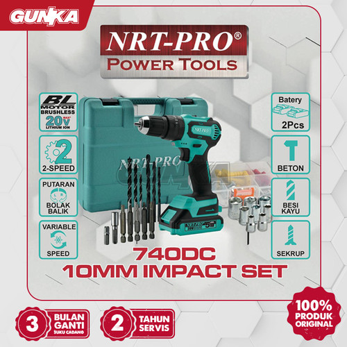 [EZM.8100166] Brushless Impact Drill 20V (10 mm 2B1C) NRT-Pro 740DC Mesin Bor Tembok Impak Beton Baterai Lithium Besi Kayu
