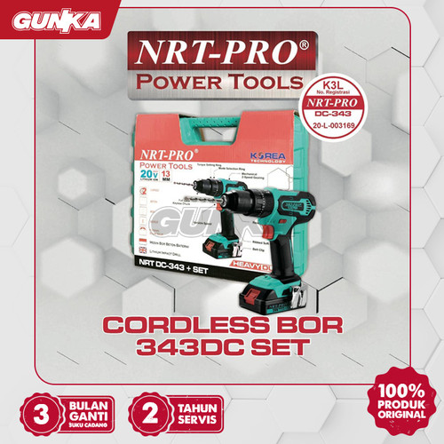 [EZM.8100170] Cordless Impact Drill 20V +Acc Set (13 mm 2B1C) NRT-Pro 343+SetDC Mesin Bor Tembok Impak Beton Baterai Lithium Besi Kayu