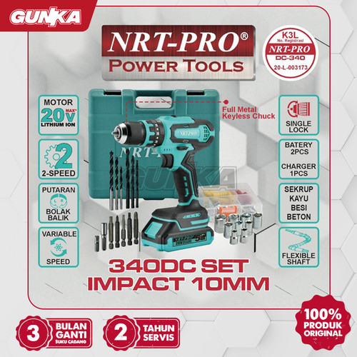 [EZM.8100171] Cordless Impact Drill 20V +Acc Set (10 mm 2B1C) NRT-Pro 340+SetDC Mesin Bor Tembok Impak Beton Baterai Lithium Besi Kayu