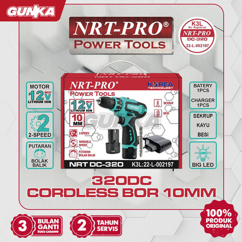 [EZM.8100172] Cordless Drill 12V (10 mm 1B1C) NRT-Pro 320DC Mesin Bor Besi Kayu Screwdriver Obeng Baterai