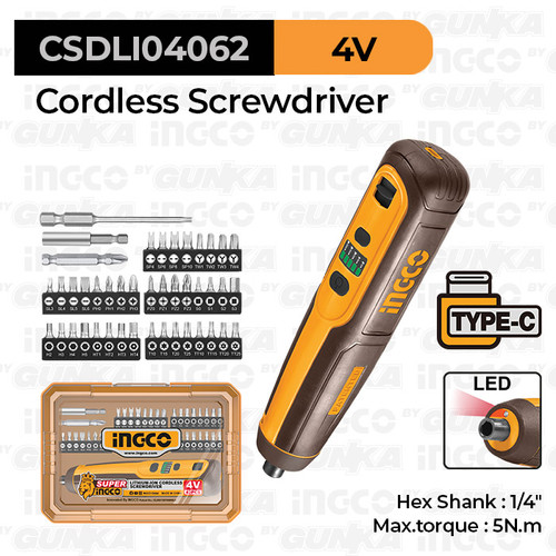 [EZM.8100181] Cordless Screwdriver (4V 5Nm) INGCO CSDLI04062 Obeng Listrik Mini Kecil Type-C