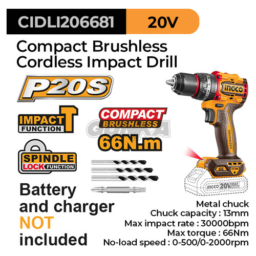 [EZM.8100657] P20S Brushless Impact Drill (66Nm 13mm) INGCO CIDLI206681 Bor Compact Cordless Pesek Tembok Beton Impak Chuck Metal Baterai Li-Ion