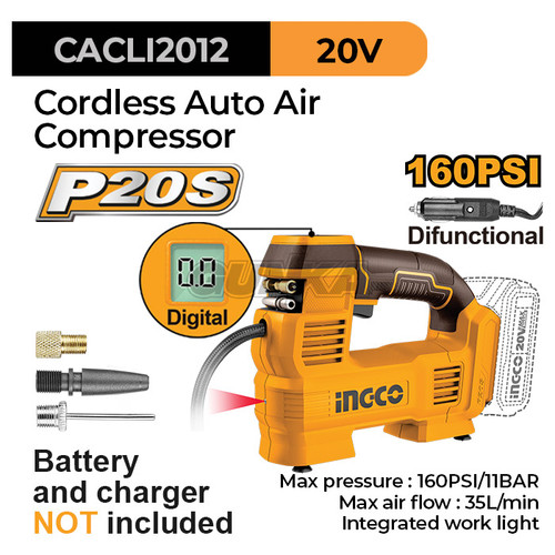 [EZM.8100658] P20S Cordless Digital Air Compressor (160psi) INGCO CACLI2012 Kompressor Kompresor Angin Baterai Portabel Auto-Stop Accurate Pressure Ban Mobil Motor Sepeda