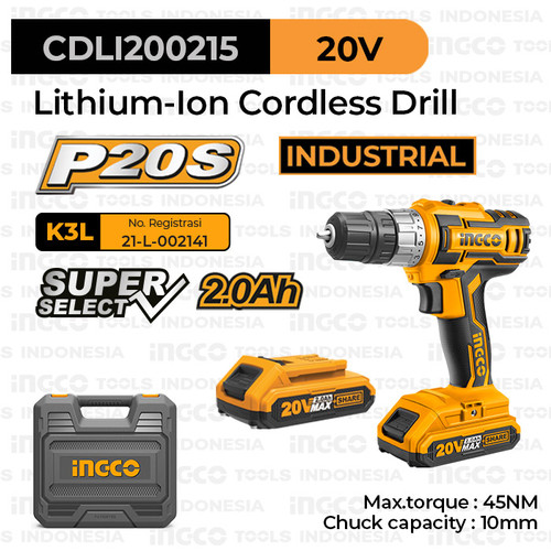 [EZM.8100713] P20S Eco Drill (10 mm) INGCO CDLI200215 Bor Baterai Kayu Besi Ekonomis