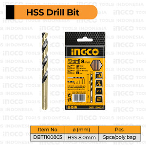 [EZM.8100757] 5Pcs HSS Steel Drill Bits (8 mm) INGCO DBT1100803 Mata Bor Besi 8mm