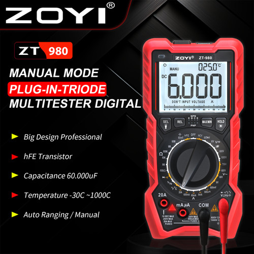 [EZR.2100007] ZOYI ZT-980 Triode HFE Approximation Transistor Digital Multimeter High-precision Auto Range NCV Tester