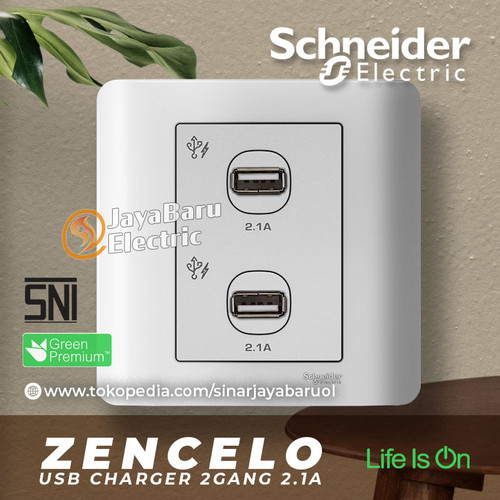 [EZM.5800342] Stop Kontak USB Charger SCHNEIDER ZENCELO 2Gang Putih Silver Bronze