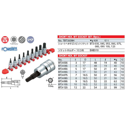 [EZM.1000016] Hexagon Bit Socket Square 3/8 isi 9 pc Set TBT3S09H KTC MADE IN JAPAN