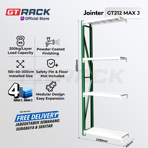 [EZO.8900013] RAK GUDANG BESI GT RACK GT212 MAX – WAREHOUSE RACK 200KG TINGGI 4 SUSUN 3 METER LEBAR 40CM PANJANG 1.2M