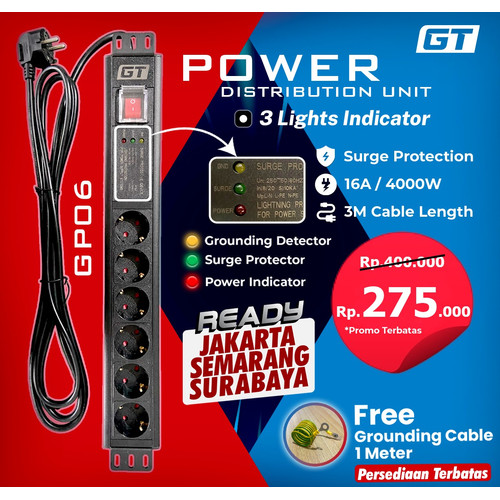 [EZO.8900027] PDU GT RACK GP06 6 SOCKET GERMANY OUTLET - POWER DISTRIBUTION UNIT 4000WATT COLOKAN LISTRIK STOP KONTAK MEJA KANTOR KABEL 3 METER