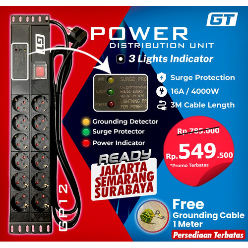 [EZO.8900041] PDU GT RACK GP12 12 SOCKET GERMANY OUTLET - POWER DISTRIBUTION UNIT 16A 4000WATT COLOKAN LISTRIK STOP KONTAK MEJA KANTOR KABEL 3 METER