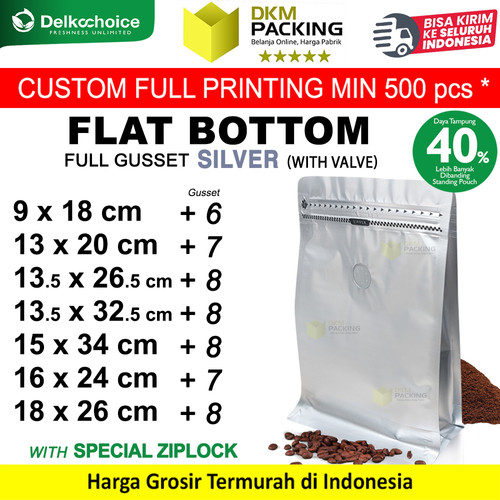 [EZO.9200001] Kemasan Kopi FLAT BOTTOM FULL GUSSET VALVE SILVER Standing Pouch Coffee Bag Biji Bubuk Plastik Klip Ziplock DELKOCHOICE