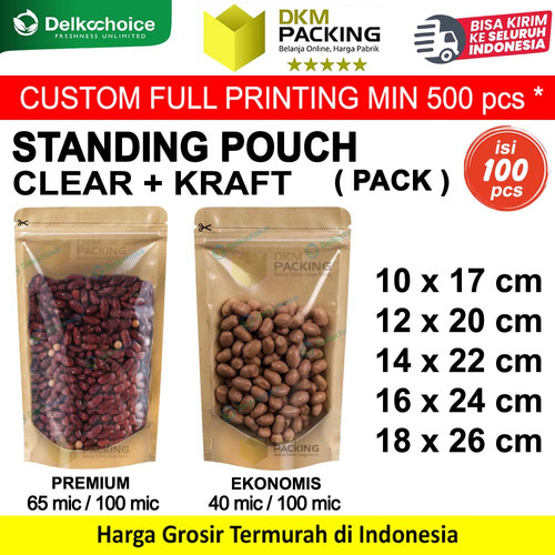 [EZO.9200103] (PACK) Standing Pouch CLEAR KRAFT kemasan Kombinasi Transparan Bening Kertas Food Grade Snack Makanan DELKOCHOICE