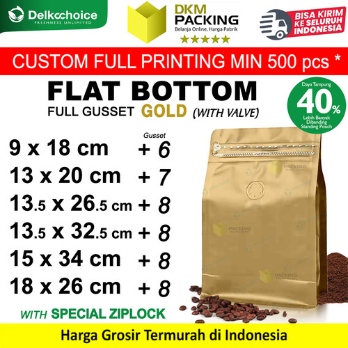 [EZO.9200142] Kemasan Kopi FLAT BOTTOM FULL GUSSET VALVE GOLD Standing Pouch Coffee Bag Biji Bubuk Plastik Klip Ziplock DELKOCHOICE