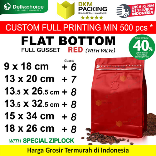 [EZO.9200143] Kemasan Kopi FLAT BOTTOM FULL GUSSET VALVE RED Standing Pouch Coffee Bag Biji Bubuk Plastik Klip Ziplock DELKOCHOICE