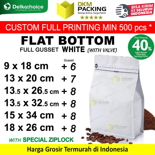 [EZO.9200144] Kemasan Kopi FLAT BOTTOM FULL GUSSET VALVE WHITE Standing Pouch Coffee Bag Biji Bubuk Plastik Klip Ziplock DELKOCHOICE