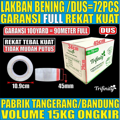 [EZM.5900035] Lakban Bening Meteran Full Garansi Retur Rekat Kuat / Lakban Fragile Trifinity 45mmx100yard Dus jskr