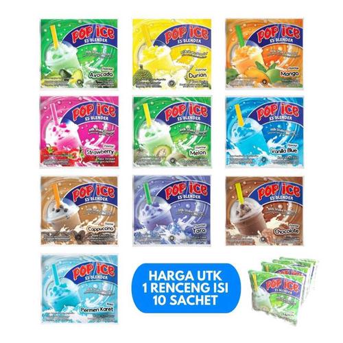 [EZM.5900105] Pop ice 25gr Es Blender Per Renceng isi 10 Sachet Minuman Serbuk Aneka Rasa Durian Melon Coklat Taro Vanilla blue Avocado Cappucino Permen karet Strawberry Mangga