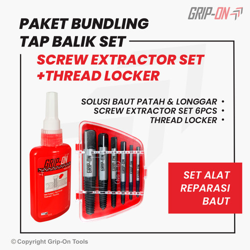 [EZM.8500261] GRIP-ON PAKET SERVIS BUKA DAN LEM BAUT MUR SEKRUP RUSAK PATAH SCREW EXTRACTOR SET (6PCS) / TAP BALIK SET 6 PCS DAN THREAD LOCKER