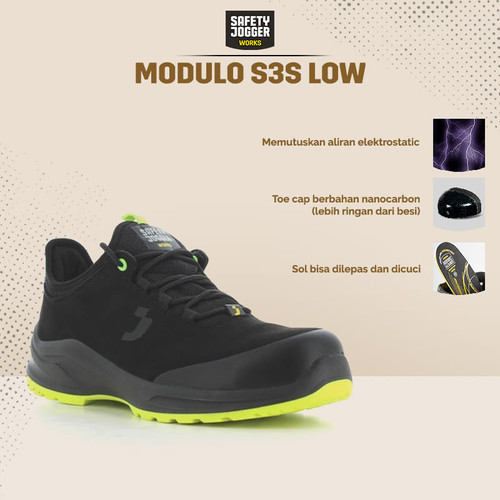 [EZO.5700110] Sepatu Safety Jogger Modulo S3S Low Black Sepatu Safety Shoes Kerja Proyek Sporty Nano Carbon Toecap Metal Free Anti Paku ESD