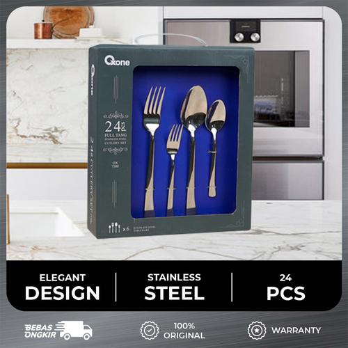 [EZO.4700027] Oxone OX7300 24Pcs Full Tang Stainless Steel Cutlery Set Garpu Sendok Kitchenware Blue