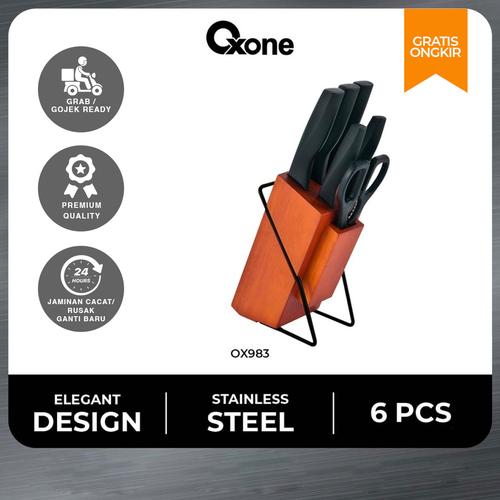 [EZO.4700149] Oxone OX983 6pcs PP Handle Knife Set with Rubber Wood Block - Black