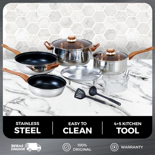 [EZO.4700203] Oxone OX911 Basic Cookware Set Stainless  Steel  Teflon Frypan Panci  Pan  Kitchenware - SILVER