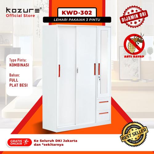 [EZO.7600016] Lemari Pakaian Minimalis 3 Pintu Warna Putih Polos Pintu Kombinasi Sliding dan Swing Door Pintu Cermin