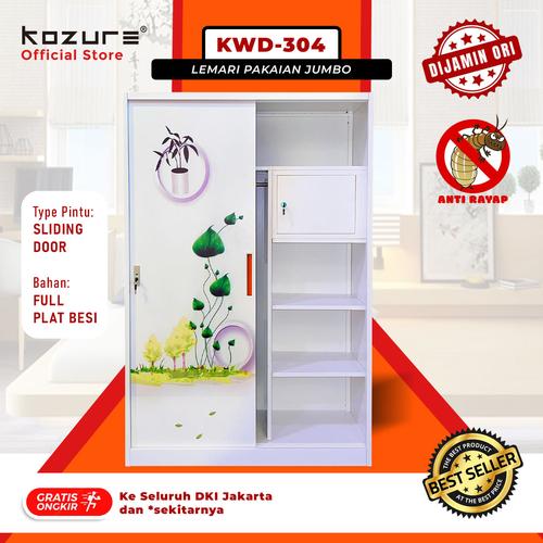 [EZO.7600018] Lemari Pakaian Jumbo Sliding Door (Pintu Geser) Motif Tanaman - Lemari Baju Minimalis Warna Putih