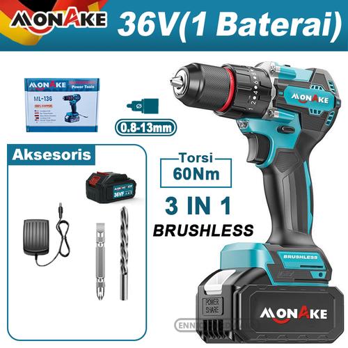 [EZM.1360005] MONAKE Brushless 3in1 Impact Mesin Bor Baterai（COD）Bor Listrik Bor Tanpa kabel Mesin Cordless Screwdriver Murah Elektrik Drill Bor Impact Cordless Besi Tembok Beton Kayu - ML-136