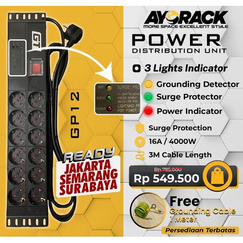 [EZO.8800024] PDU 12 OUTLET 16A 4000W PDU GT RACK GP12 - STOP KONTAK COLOKAN LISTRIK MEJA KANTOR DAPUR RUMAH KAMAR KABEL 3 METER POWER DISTRIBUTION UNIT 12 LUBANG
