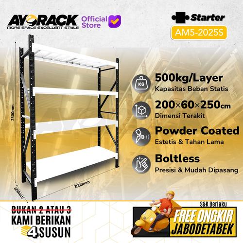 [EZO.8800106] RAK GUDANG BESI 4 SUSUN AYORACK AM5-2025S 2.5 METER 500KG STARTER WAREHOUSE RACK