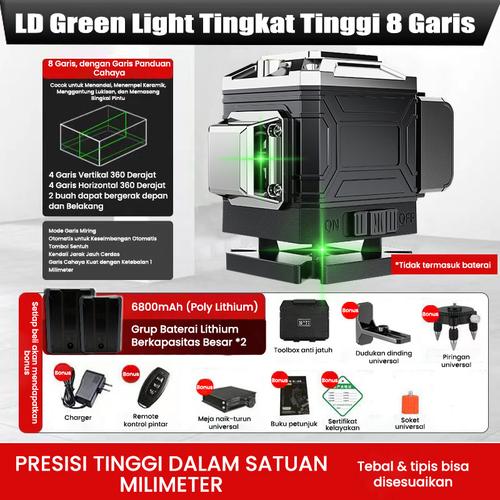 [EZR.3300013] Hijau Laser Level 16 Lines Mesin Self Leveling 8/12/16  4d digital meteranLaser level leveling laser  4 in 1 Alat laser Tukang laser Bangunan canggih - 8 lines 2bat+10pc