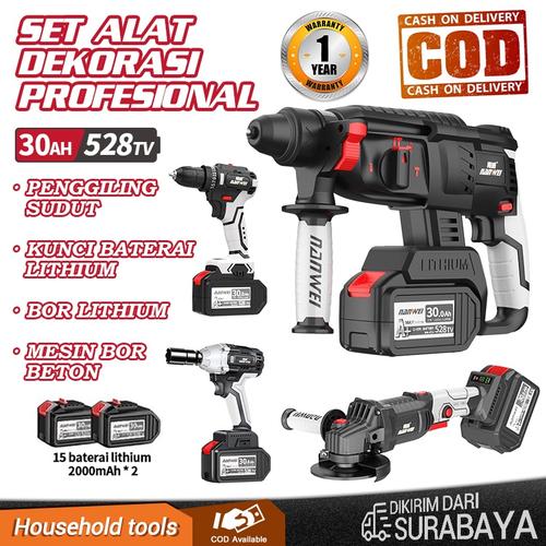 [EZR.3300016] NANWEI Bor Bobok Baterai Cordless Rotary Hammer/Bor Beton Mpact Wrench/Mesin Gerinda Tangan 4 dalam 1 set alat - hitam