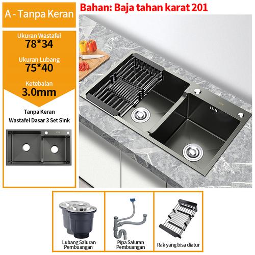 [EZR.3300048] Wastafel stainless steel 304/wastafel dapur hitam/set wastafel dapur stainless steel multifungsiwastafel dengan keran yang bisa disesuaikan - 201 two slots