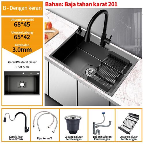 [EZR.3300056] Wastafel Bahan Stainless Steel 304 / Set Lengkap Kitchen Sink Black /  Wastafel Dengan Keran yang Bisa Disesuaikan - 6845 One Slots+Keran
