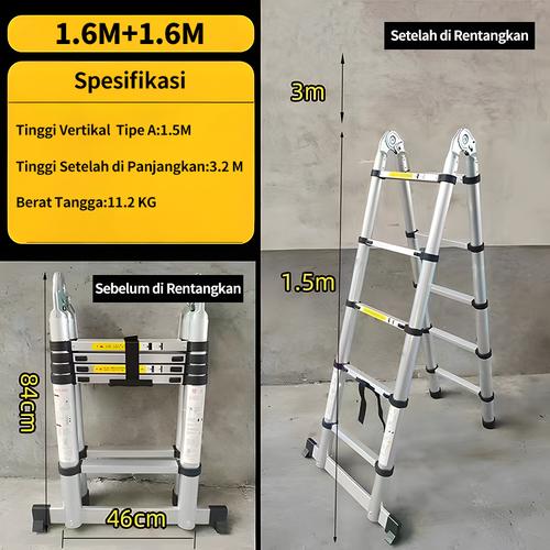 [EZR.3300070] 5M/5.4M/6.2M Tangga Teleskopik Paduan Aluminium/3.2M/3.8M/5M Tangga Lipat Anti-slip Aluminium Bentuk A/3.7M/4.7M/5.8M Tangga Lipat 4 Anti-slip Dengan Roda - 3.2m+Teleskopik